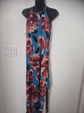 Floral Halter Maxi Dress in Teal and Rose